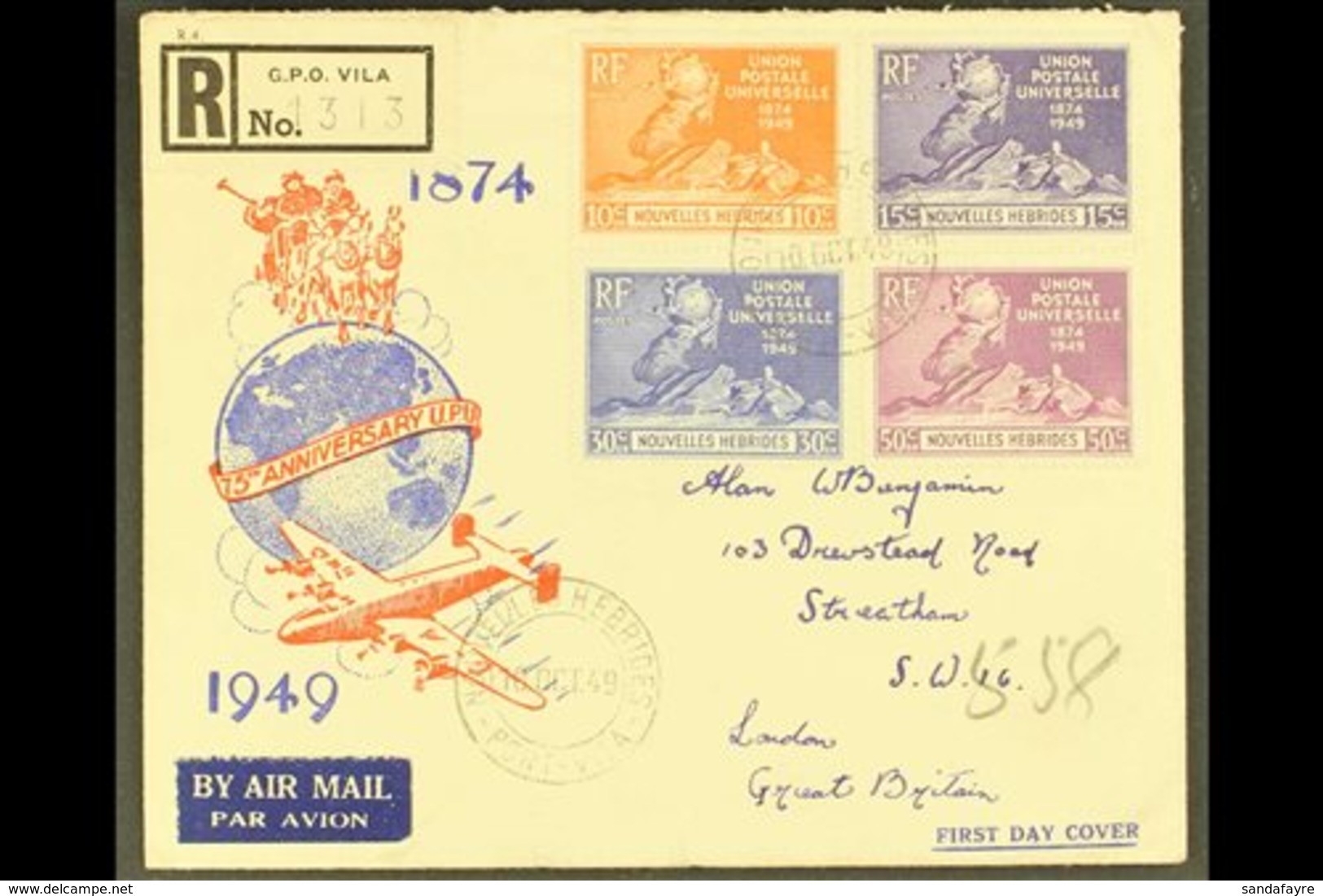 FRENCH 1949 UPU Set, SG F77/80, On Neat Illustrated First Day Cover, Registered From Vila To London. For More Images, Pl - Sonstige & Ohne Zuordnung