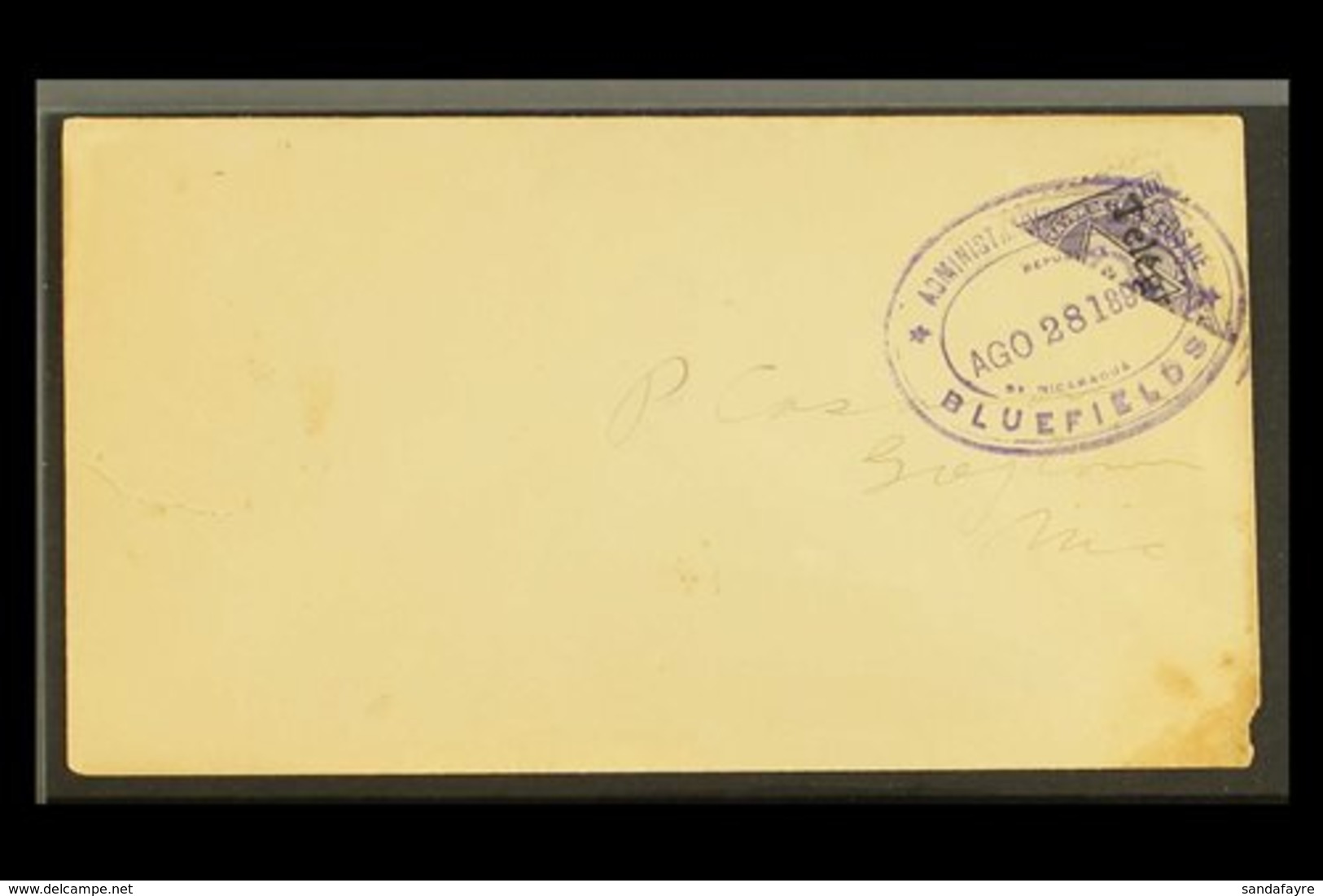 1899 (Aug 24) Cover To Greytown Bearing 1898 10c Violet Telegraph BISECT Tied By Bluefields Violet Oval Datestamp; On Re - Nicaragua