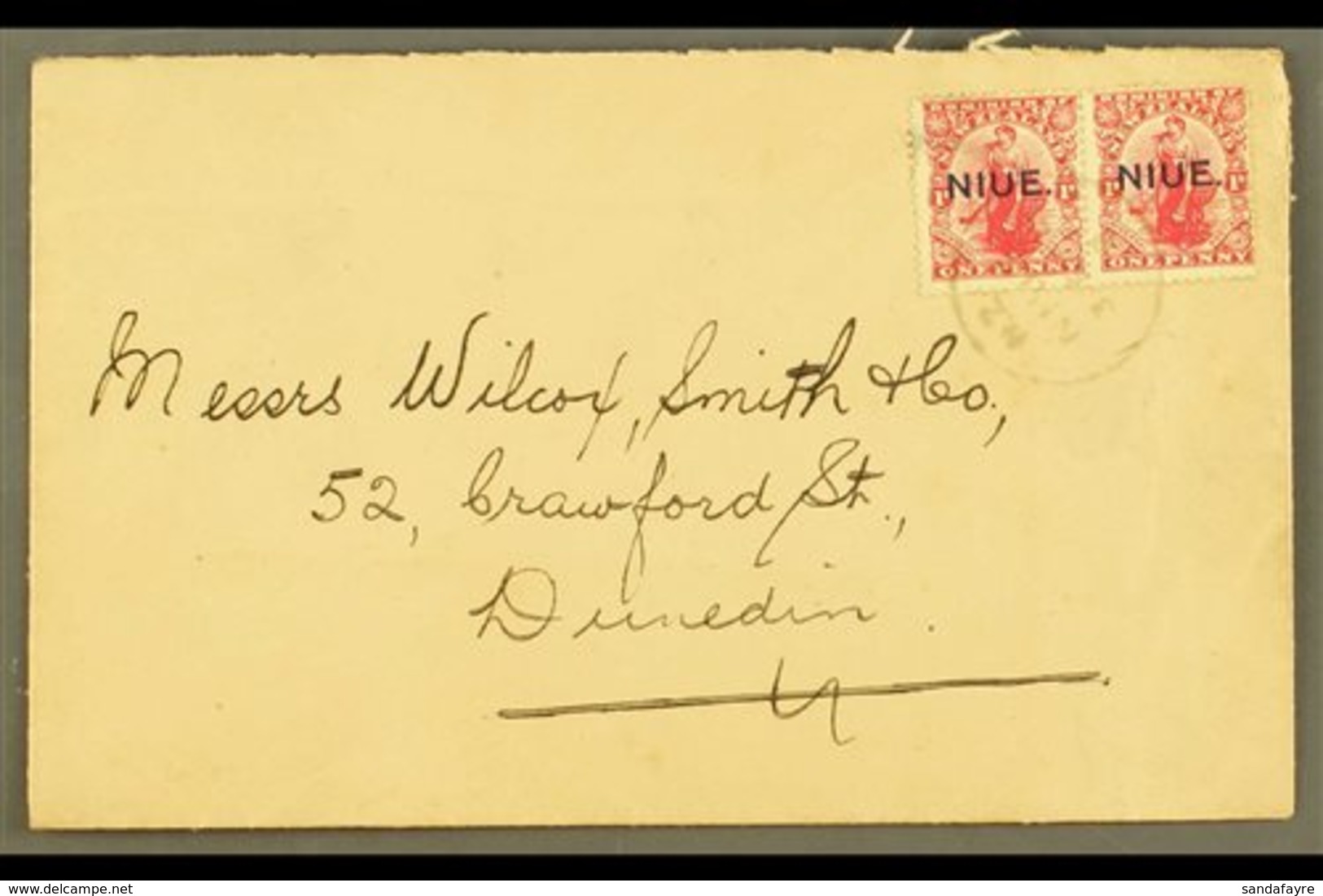 1921 (Feb) Neat Envelope To New Zealand, Bearing 1d Carmine Pair, SG 24, Tied Niue Cds. For More Images, Please Visit Ht - Niue