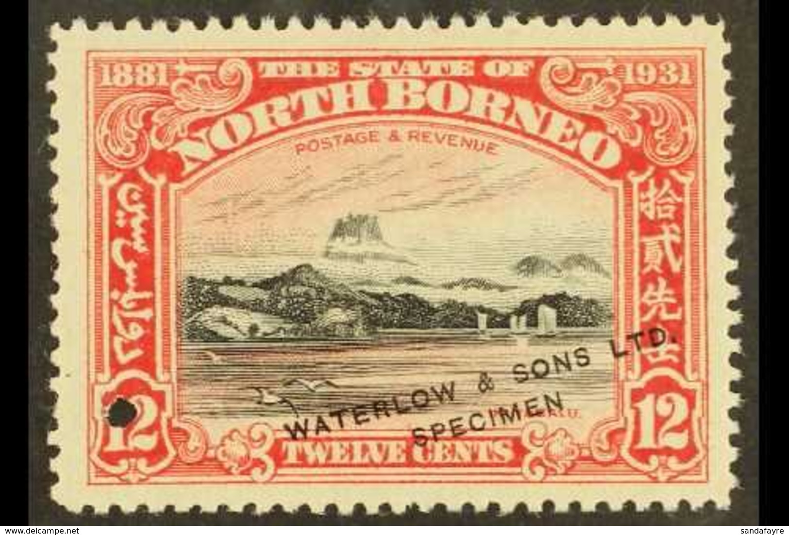 1931 12c Mountain BNBC Anniversary SAMPLE COLOUR TRIAL In Black And Scarlet (issued In Black And Ultramarine), Unused Wi - Bornéo Du Nord (...-1963)