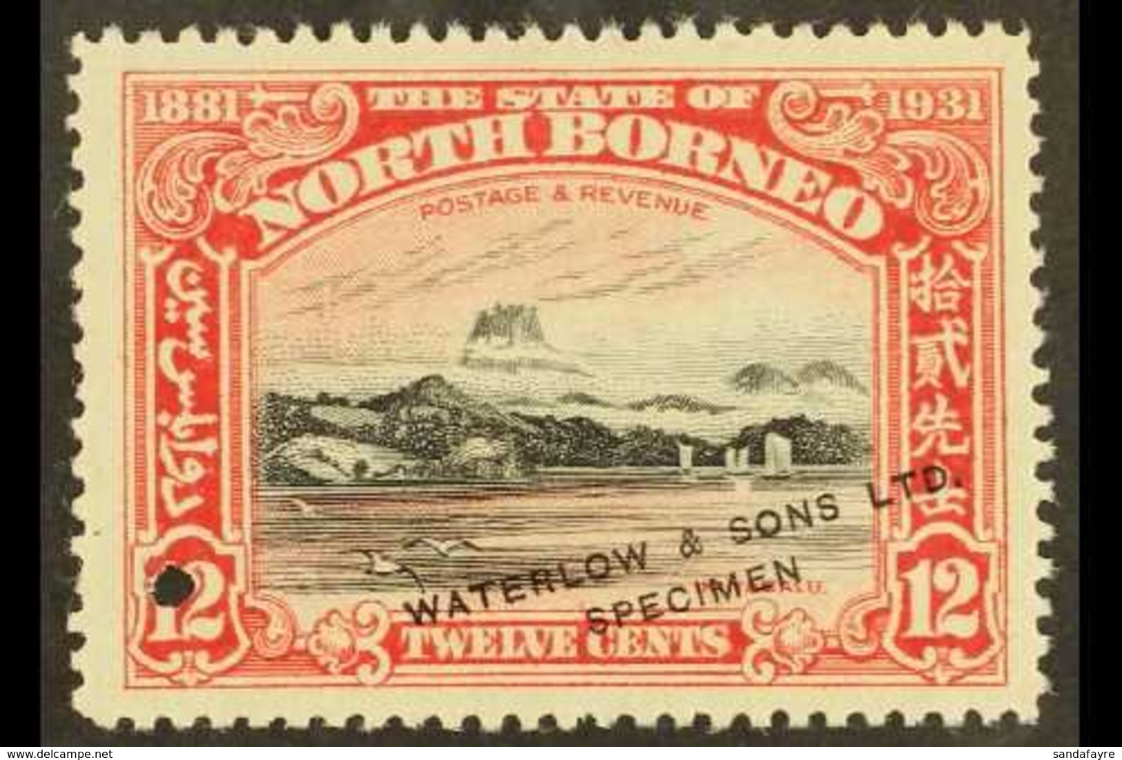 1931 12c Mountain BNBC Anniversary SAMPLE COLOUR TRIAL In Black And Scarlet (issued In Black And Ultramarine), Unused Wi - Borneo Del Nord (...-1963)