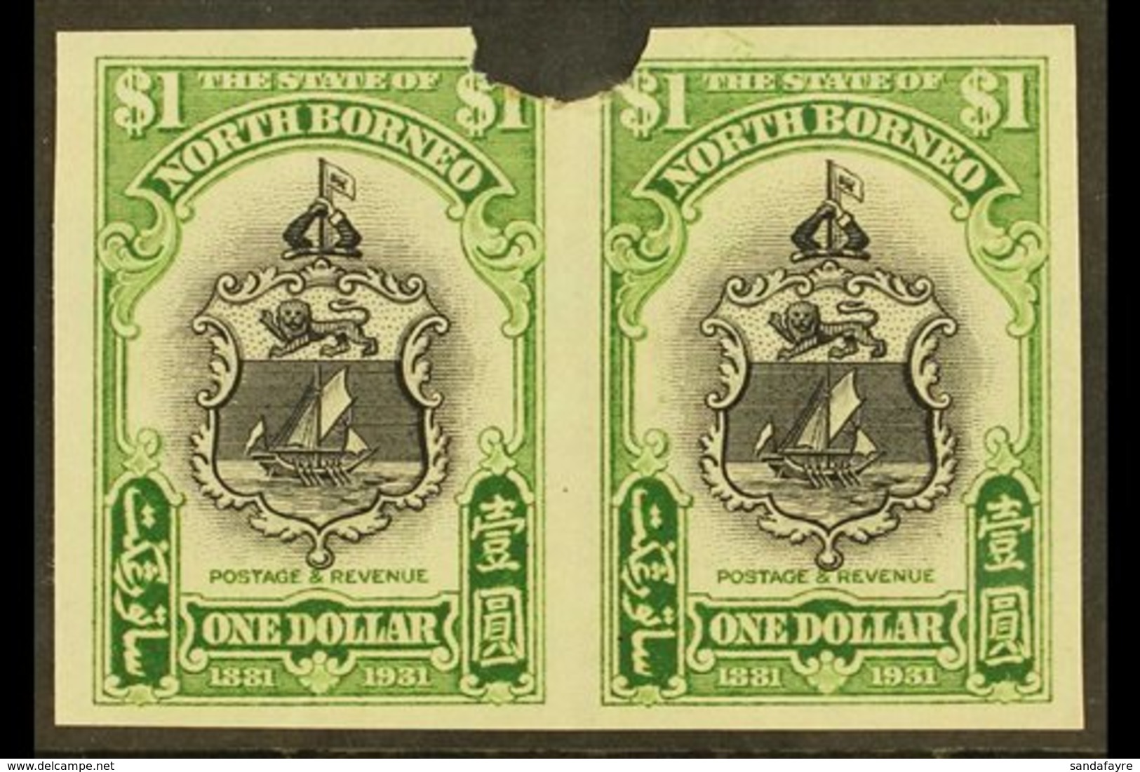 1931 IMPERF PLATE PROOFS. 1931 $1 Black & Yellow-green 'Badge Of The Company' (SG 300) Horizontal IMPERF PLATE PROOF PAI - Nordborneo (...-1963)