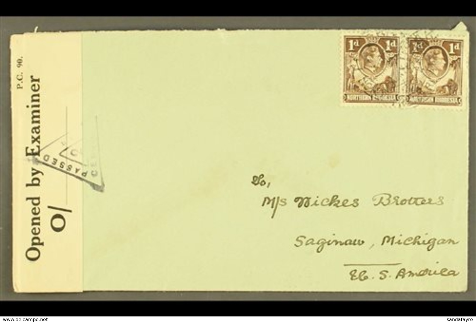 1942 (March) Envelope To USA, Bearing 1d Brown Pair, Tied Luasaka Cds's, And At Left Opened By Examiner Reseal Tape Canc - Northern Rhodesia (...-1963)