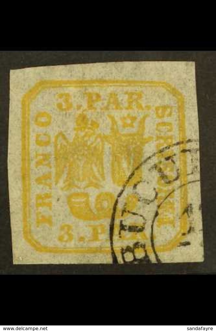 1862-64 3p Yellow Handstruck On Wove Paper (SG 29, Michel 8 Ix), Fine Used With Part "Bucuresti" Cds Cancel, Four Large  - Other & Unclassified