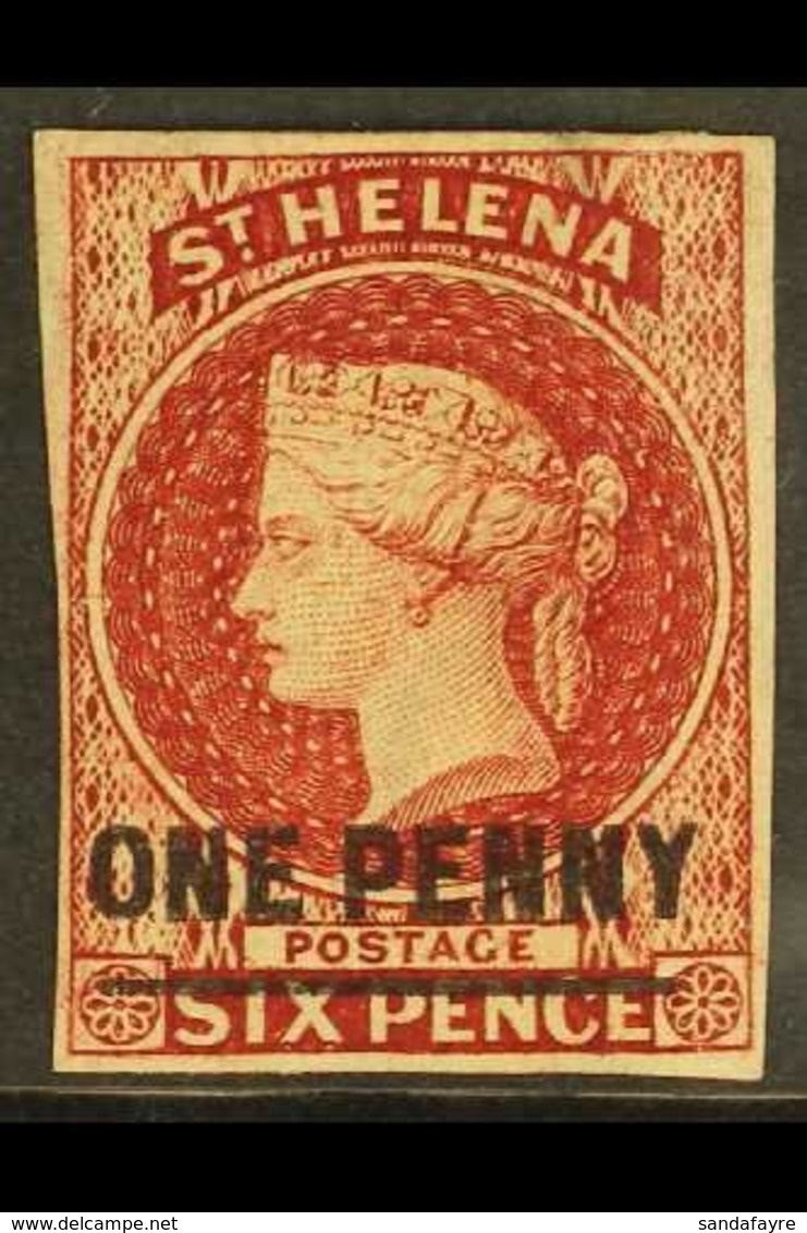 1863 One Penny On 6d Lake (type A) Imperforate, SG 3, Four Clear Margins, Very Fine Mint With Large Part OG. For More Im - Saint Helena Island