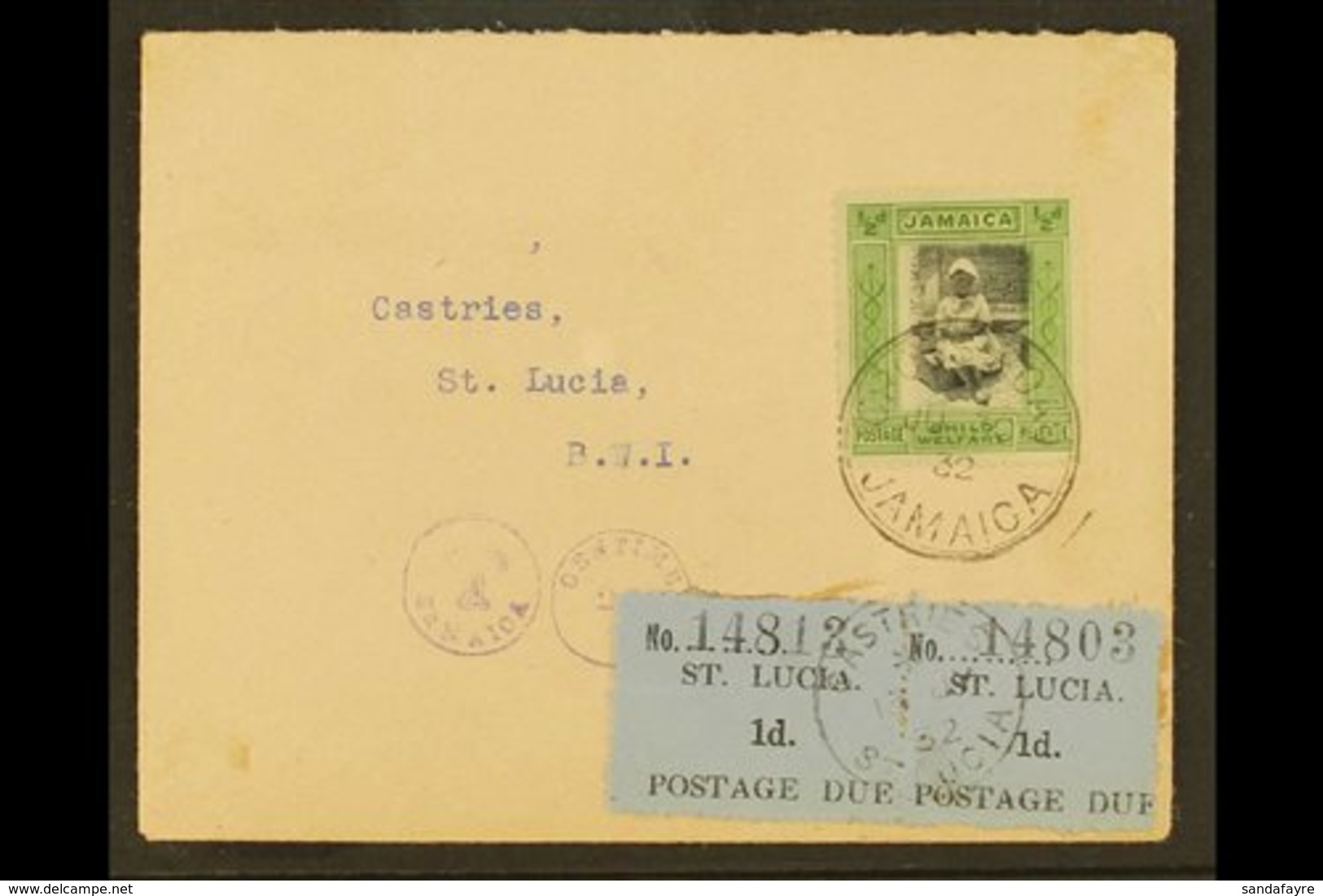 1932 POSTAGE DUE COVER 1930 (30 June) Cover From Jamaica To Castries Bearing 1923 ½d + ½d Child Welfare Tied By Cross Ro - Ste Lucie (...-1978)