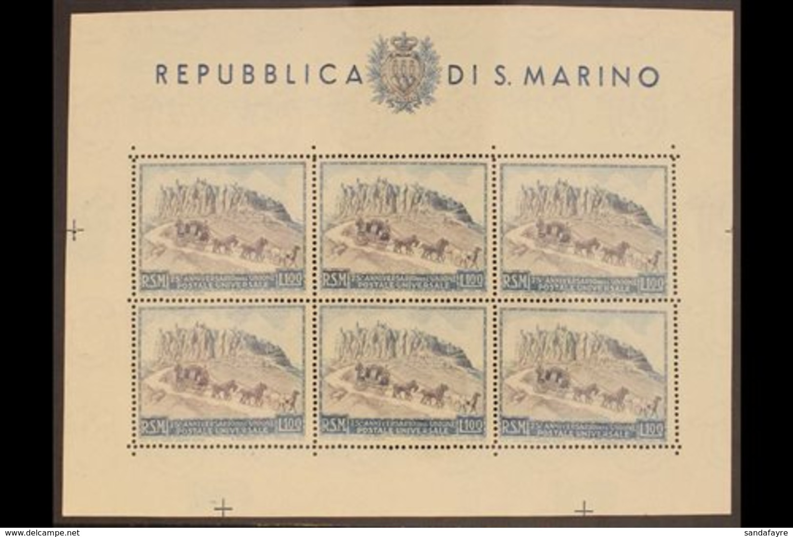 1949 75th Anniversary Of UPU 100L Complete Sheetlet Of Six, Sassone Foglietti 8, Never Hinged Mint. For More Images, Ple - Other & Unclassified