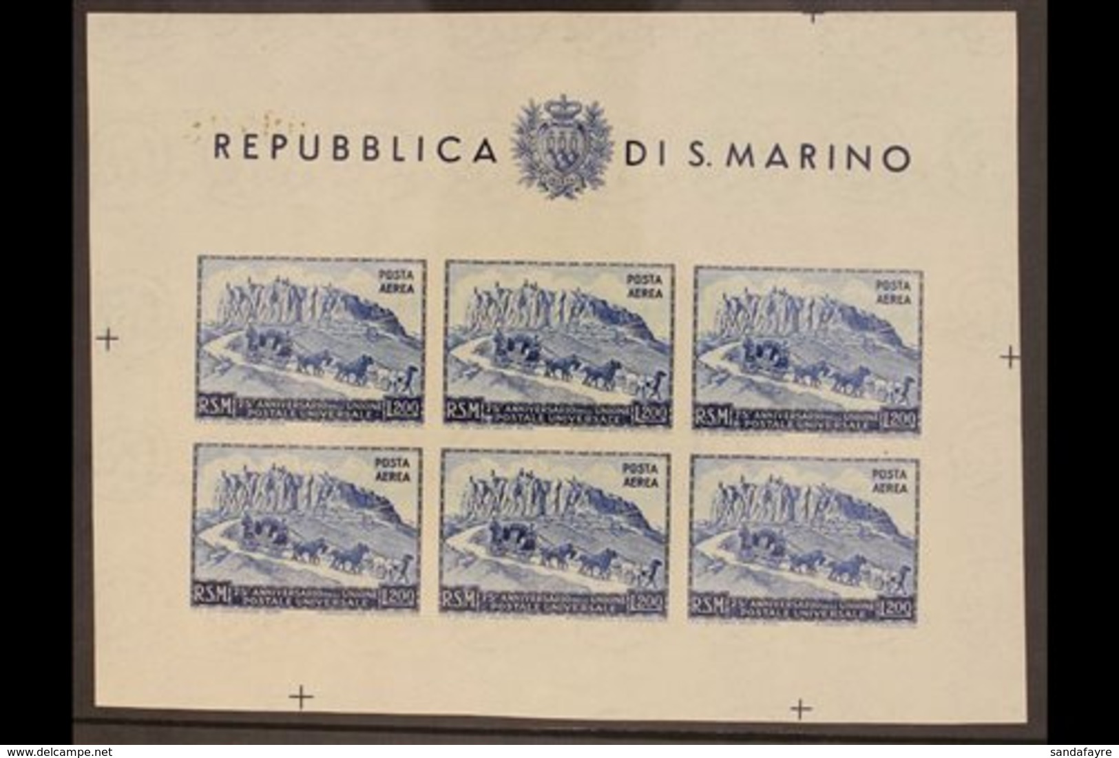 1951 75th Anniversary Of UPU 200L Air IMPERF complete Sheetlet Of Six, Sassone Foglietti 11, Very Fine Mint, The Stamps  - Other & Unclassified