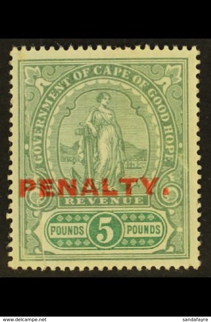 CAPE OF GOOD HOPE REVENUE - 1911 £5 Green & Green, Standing Hope Ovptd "PENALTY" Barefoot 11, Couple Of Vertical Creases - Non Classés