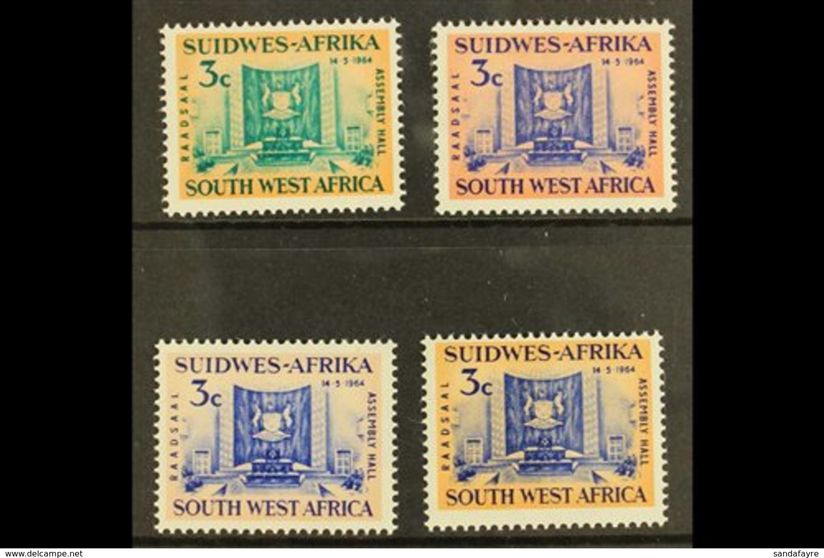 1964 Opening Of Legislative Assembly Hall, COLOUR TRIALS Of 3c Blue And Pink, Blue And Yellow Orange, And Brown Green An - South West Africa (1923-1990)