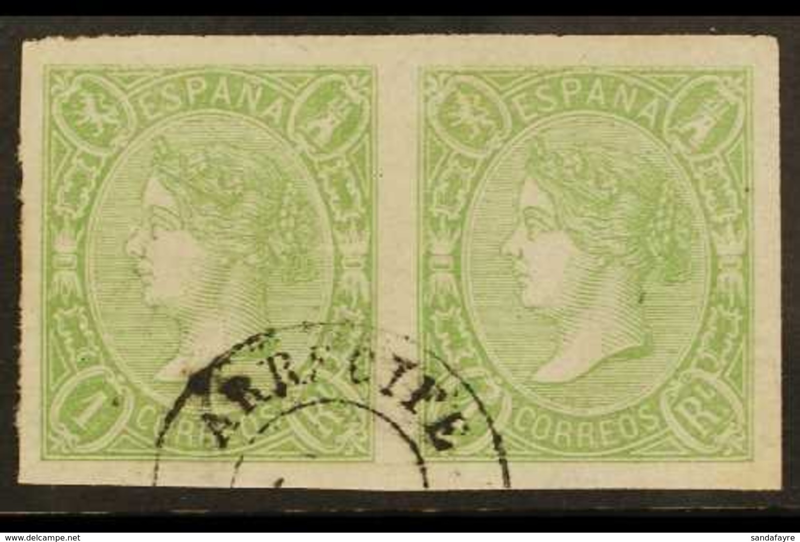 1865 2r Yellow- Green Imperf, SG 84 (Edifil 72) PAIR USED AT THE CANARY IS. With A Single Choice "Arrecife" Cds. A Beaut - Sonstige & Ohne Zuordnung