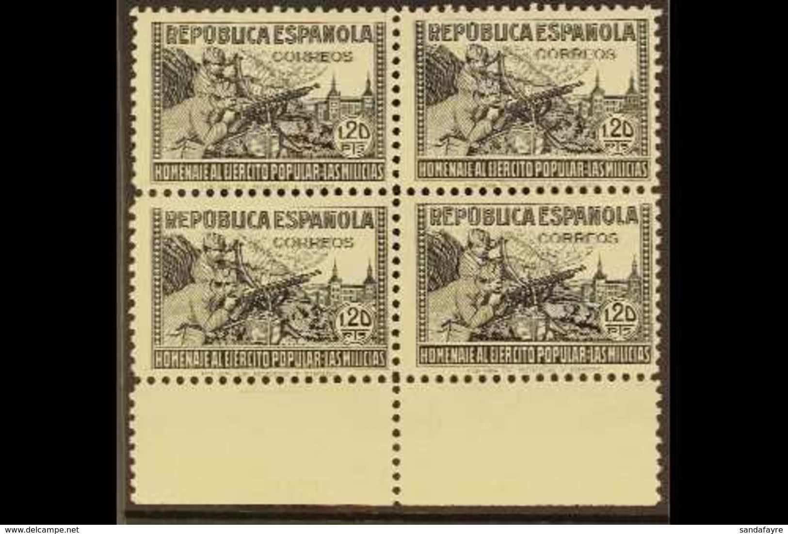 1938 1p20 Black "In Honour Of The Militia", SG 861g (Edifil 797), Never Hinged Mint BLOCK OF FOUR With Sheet Margin At B - Sonstige & Ohne Zuordnung