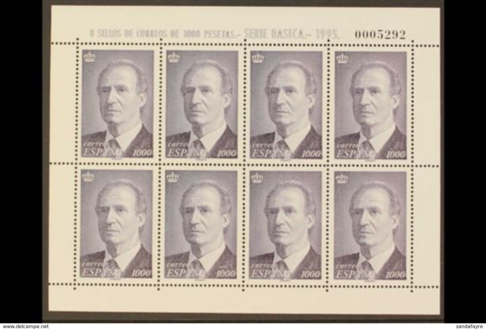 1995 1000p slate Violet Accession Of Juan Carlos I, SG 3361 (Edifil 3403) COMPLETE SHEETLET OF EIGHT Never Hinged Mint.  - Autres & Non Classés