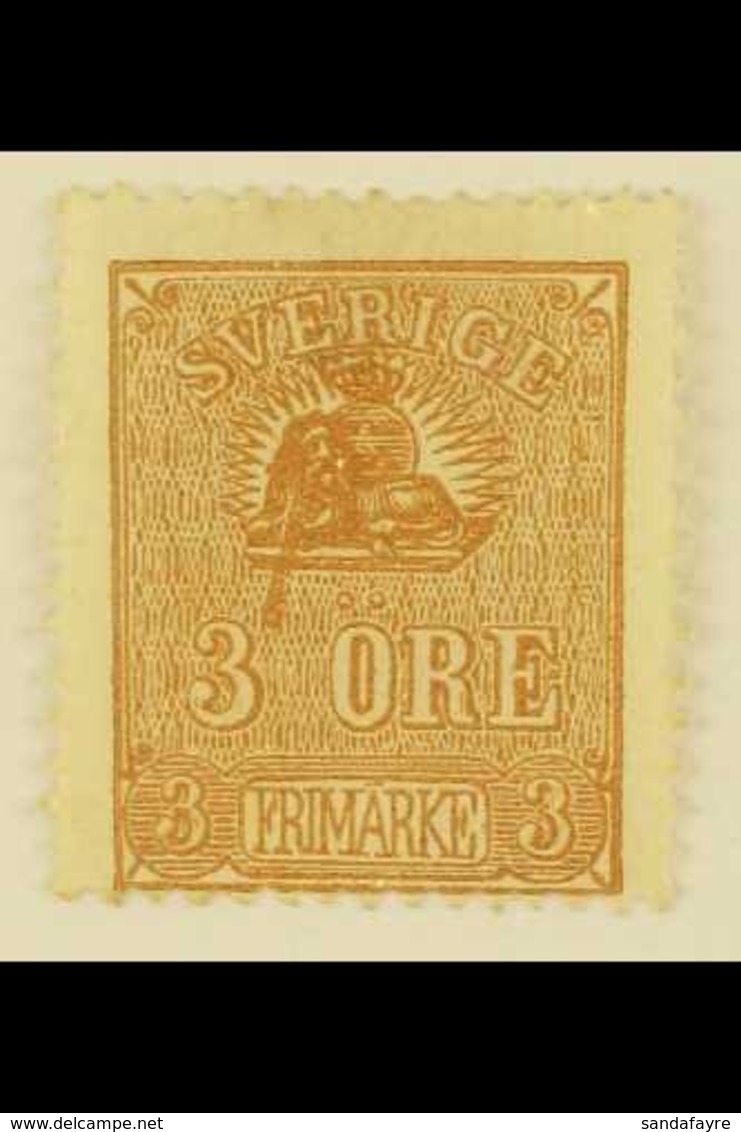 1862-66 3o Brown Lion Type II With COLOURED LINE FROM LION TO LARGE "3" Variety, Facit 14Bv4, Unused No Gum, Thin, Very  - Altri & Non Classificati