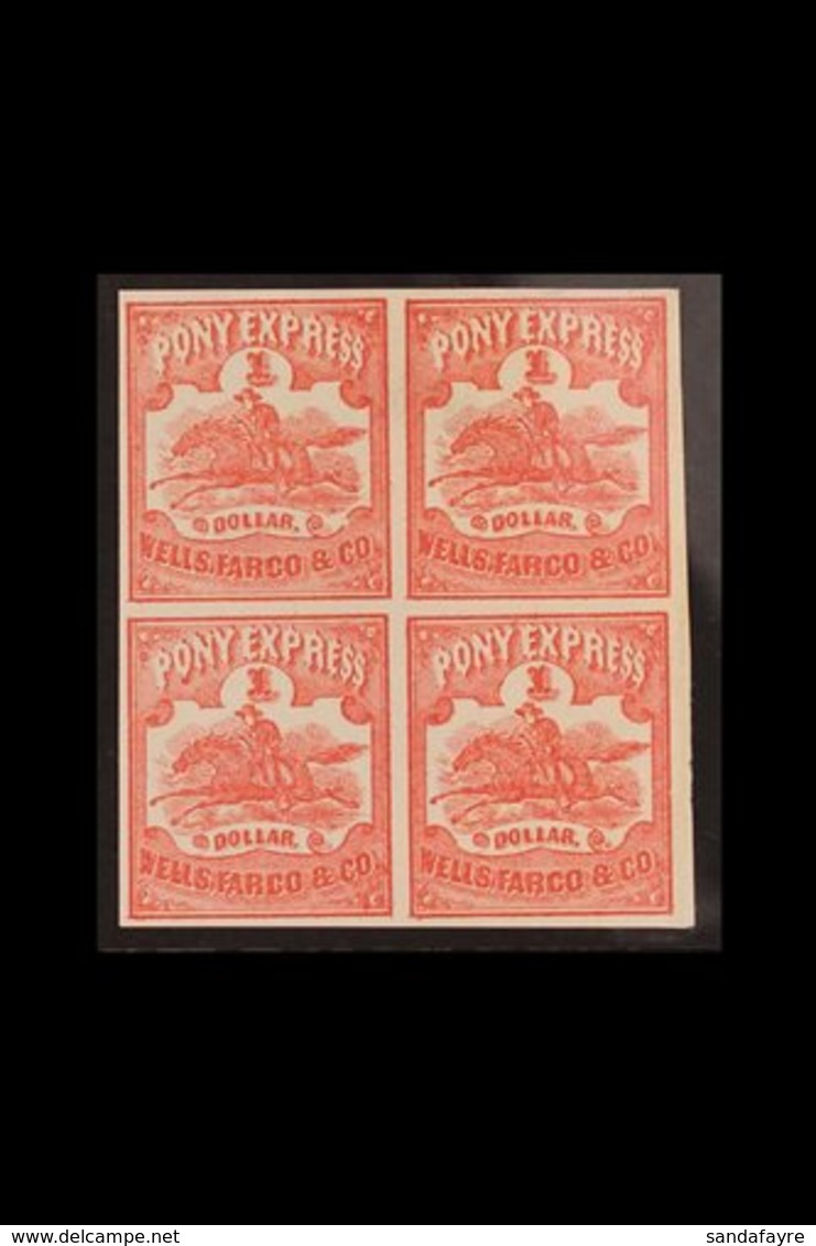 LOCAL STAMPS WELLS, FARGO & Co 1861 $1 Red, Scott 143L3, Superb Unused Block Of 4, The Upper-left Stamp With A Small Thi - Other & Unclassified