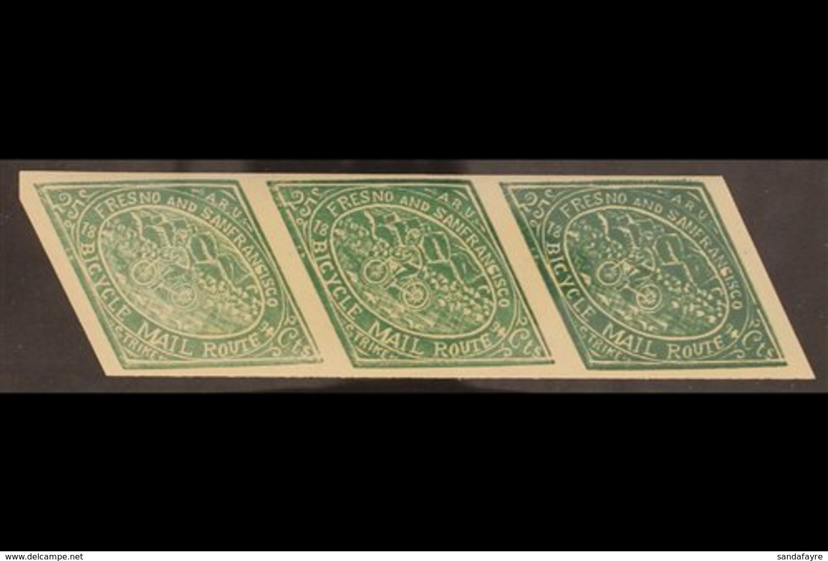 LOCAL STAMPS BICYCLE MAIL ROUTE, CALIFORNIA 1894 25c Green Retouched Die (Scott 12L2) Mint Strip Of 3, The Middle Stamp  - Autres & Non Classés