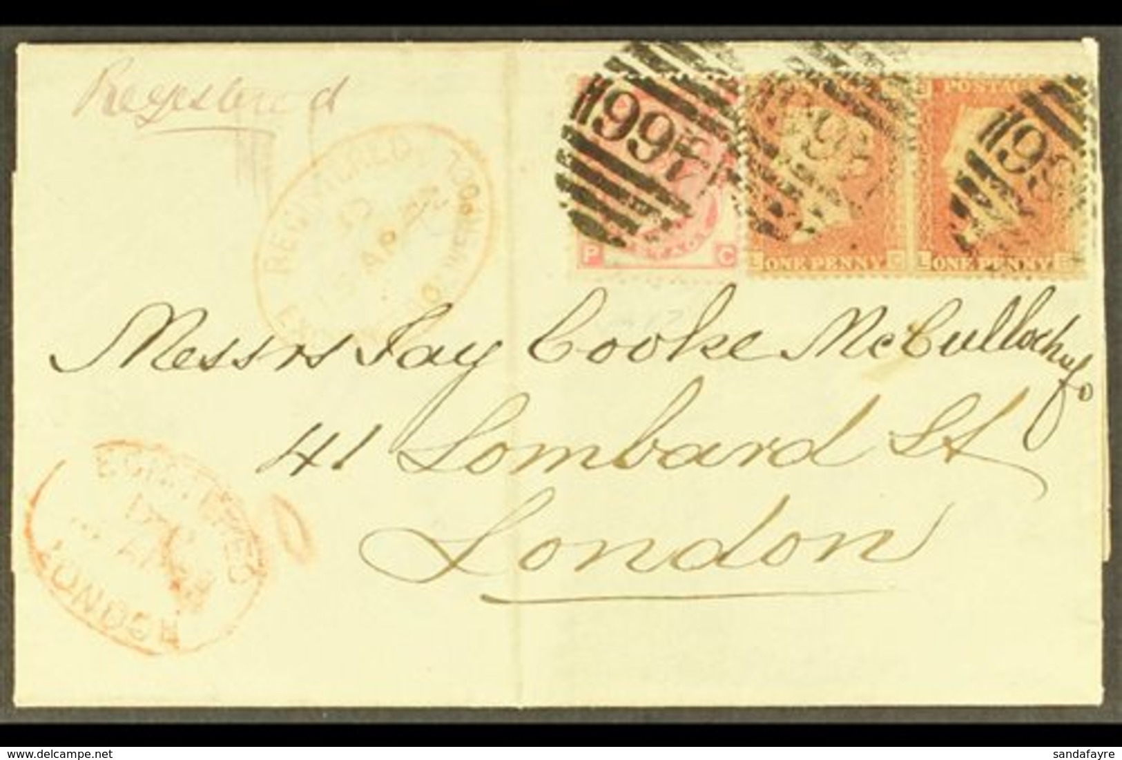 1872 (15 Apr) Registered Entire From Liverpool To London, Franked 1858 1d Pl.123 PAIR And 1867 3d Rose Pl.7, Each Tied " - Other & Unclassified