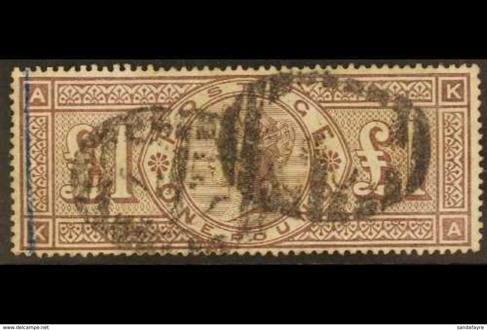 1884 £1 Brown-lilac, Wmk Crowns, SG 185, Used With Light London Barred Ovals & Blue Crayon Line At Left. Fresh Colour &  - Other & Unclassified