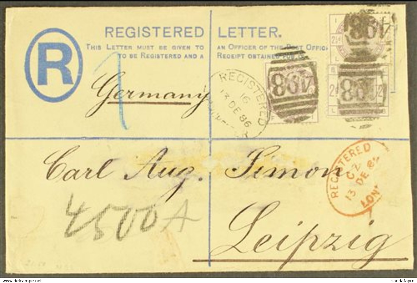 1886 (13 Dec) 2d Registered Stationery Env From Manchester To Leipzig Uprated With 1884 THREE VALUE, COMBINATION FRANKIN - Sonstige & Ohne Zuordnung