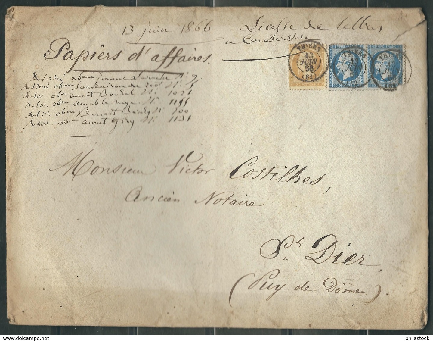 FRANCE 1866 N° 22 Paire (def.) & 21 S/Lettre Entière  Papiers D'affaires Obl. C à D  Thiers - 1862 Napoleon III