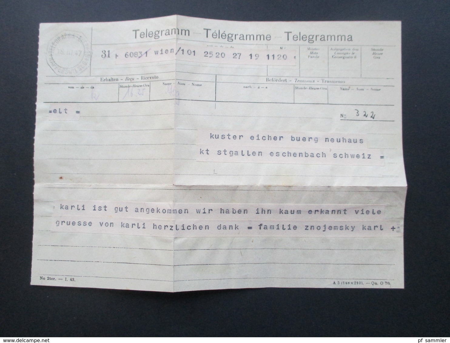 Schweiz 1947 Telegramm im Umschlag Rapperswil Brieftelegram und schwarzer Stempel Per Post aus Wien