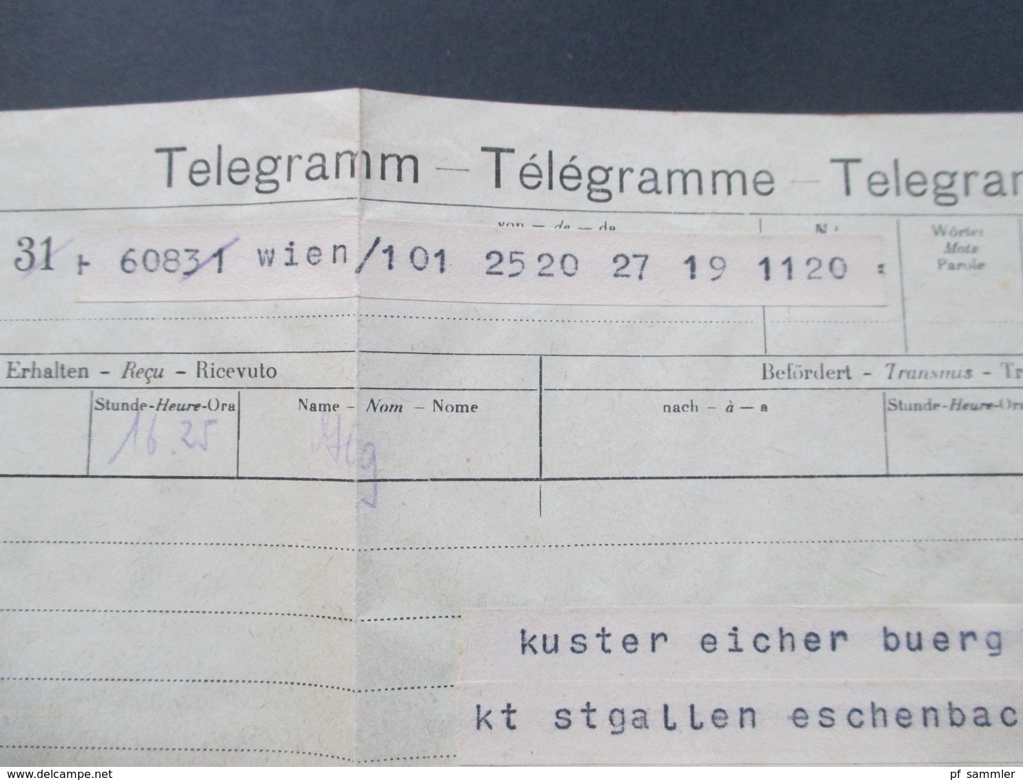 Schweiz 1947 Telegramm im Umschlag Rapperswil Brieftelegram und schwarzer Stempel Per Post aus Wien