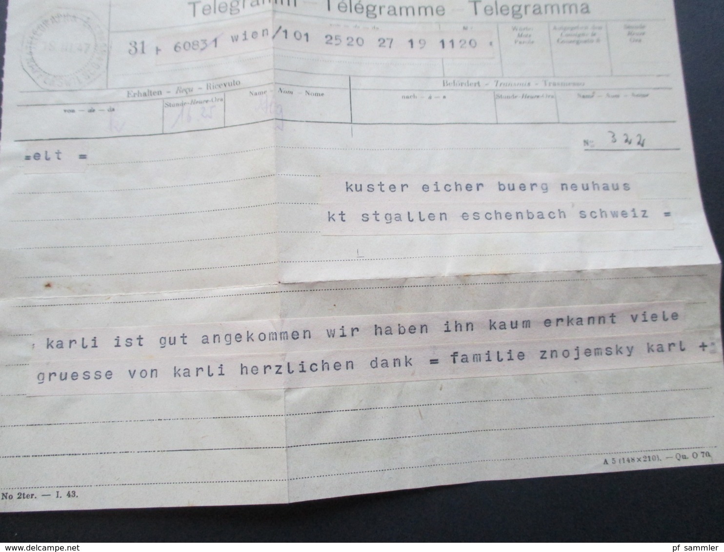 Schweiz 1947 Telegramm im Umschlag Rapperswil Brieftelegram und schwarzer Stempel Per Post aus Wien