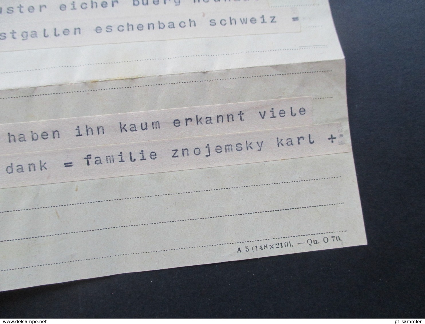 Schweiz 1947 Telegramm im Umschlag Rapperswil Brieftelegram und schwarzer Stempel Per Post aus Wien