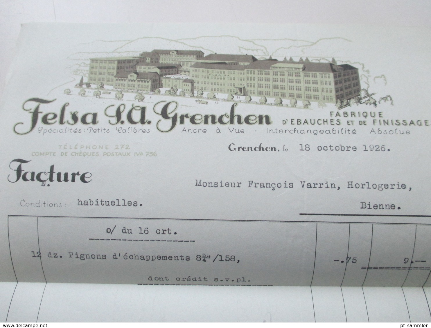 Schweiz 1926 Rechnung Fabrique D 'ebauches Et De Finissages Felsa Grenchen. Firma Im Briefkopf - Briefe U. Dokumente