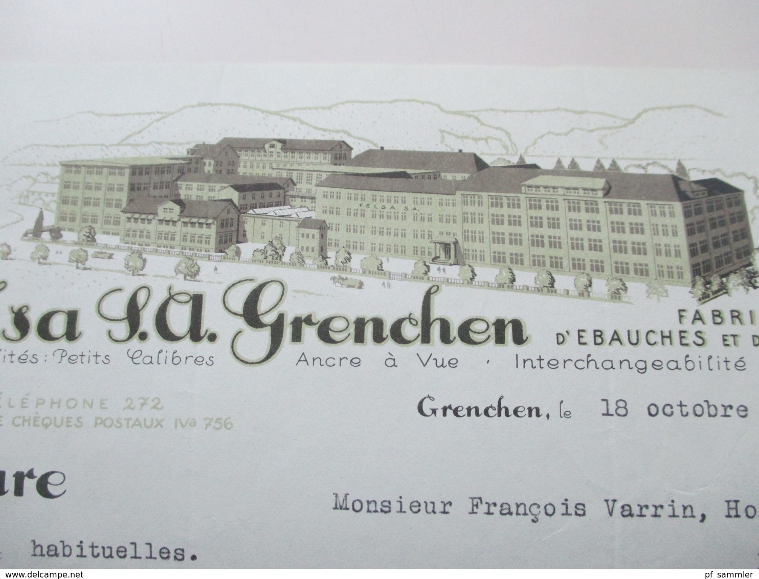 Schweiz 1926 Rechnung Fabrique D 'ebauches Et De Finissages Felsa Grenchen. Firma Im Briefkopf - Briefe U. Dokumente