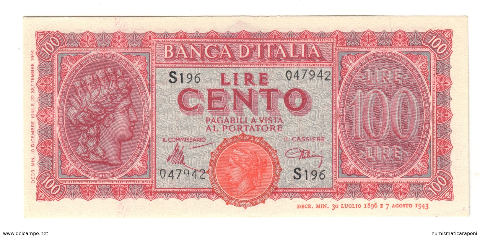 100 Lire Italia Turrita 10 12 1944 LUOGOTENENZA FDS  LOTTO 2336 - 100 Liras