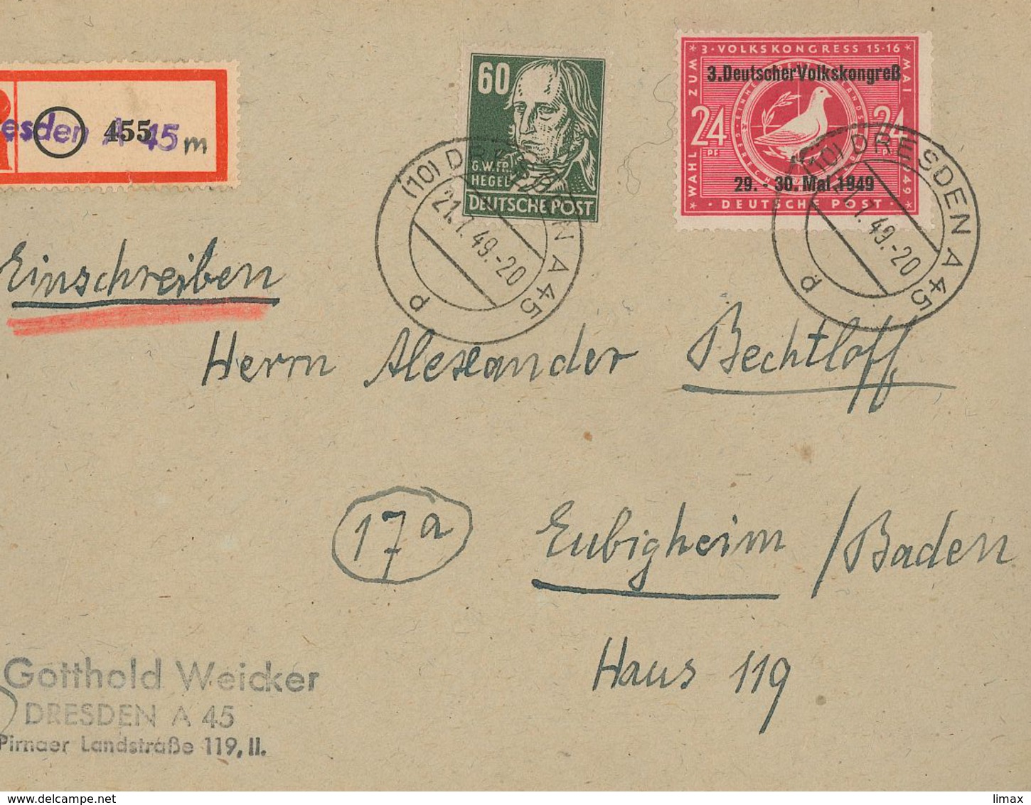 R-Brief Provisorium Dresden Nach Eubigheim Hegel Volkskongress Friedenstaube 1949 - Sonstige & Ohne Zuordnung