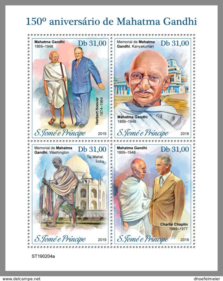 SAO TOME 2019 MNH Mahatma Gandhi Herbert Hoover Charlie Chaplin M/S - OFFICIAL ISSUE - DH1913 - Mahatma Gandhi