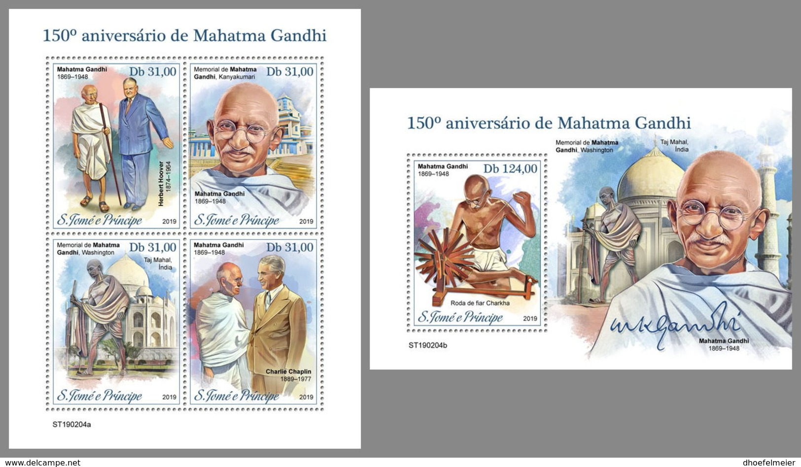 SAO TOME 2019 MNH Mahatma Gandhi M/S+S/S - IMPERFORATED - DH1913 - Mahatma Gandhi