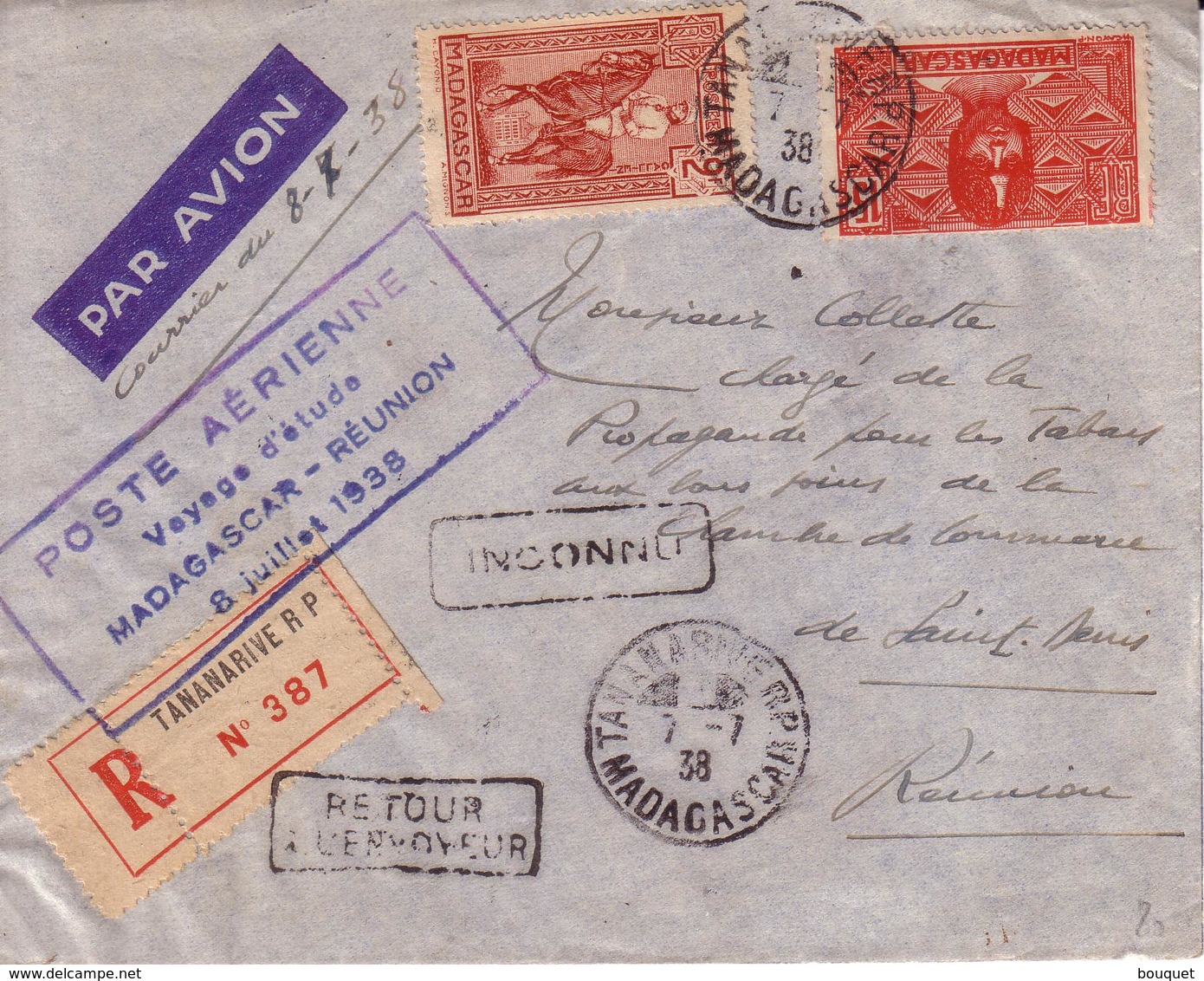 LETTRE TANANARIVE A SAINT DENIS , POSTE AERIENNE VOYAGE D' ETUDE MADAGASCAR REUNION 1938 + RECOMMANDE + RETOUR + INCONNU - Poste Aérienne