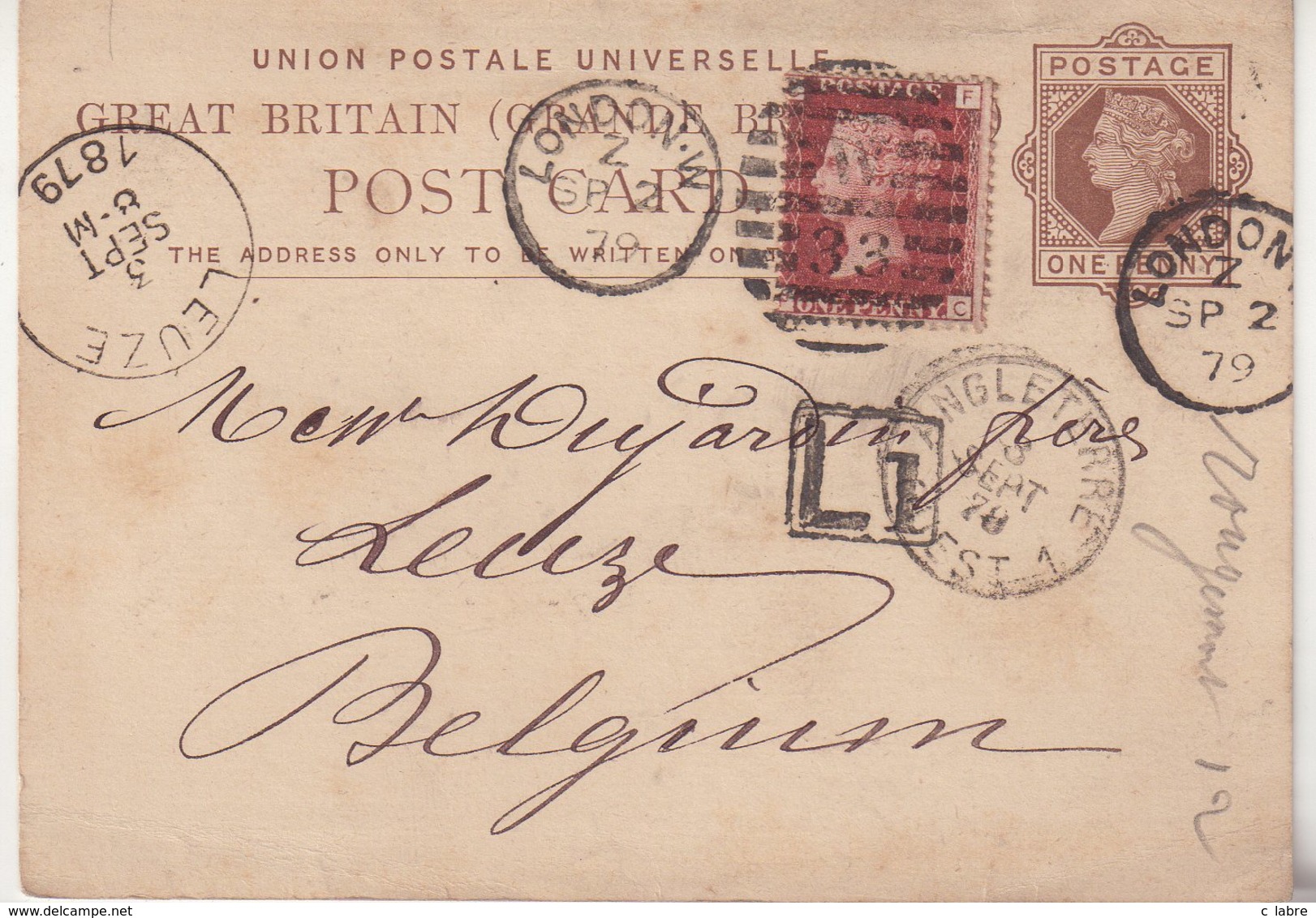 GRANDE-BRETAGNE  : ENTIER POSTAL . AVEC COMPLEMENT . EN L1 . POUR LA BELGIQUE . 1879 . - Material Postal