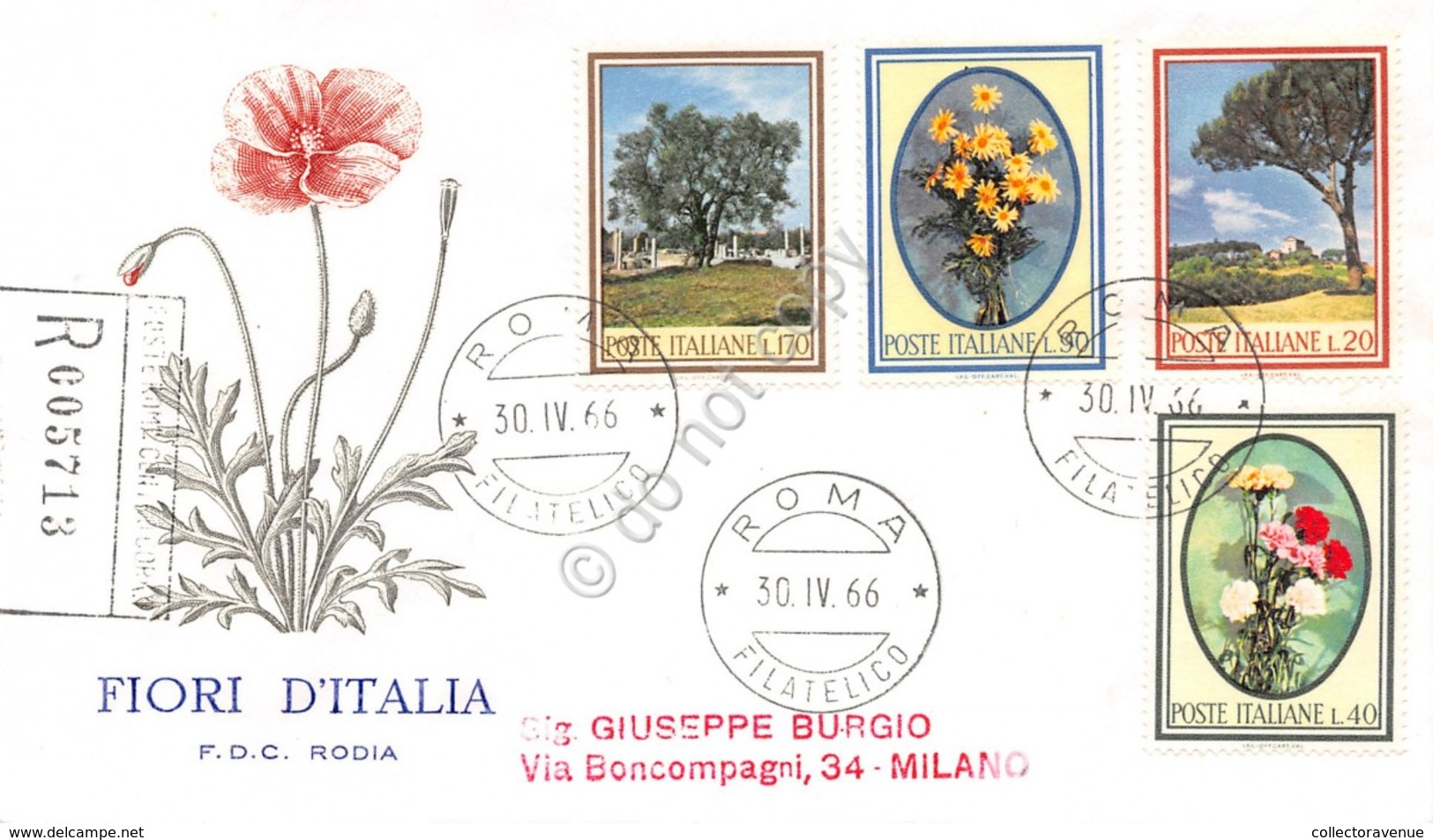 FDC Rodia Repubblica 1966 - Fiori D'Italia - Flora - Raccomandata Viaggiata - Non Classificati