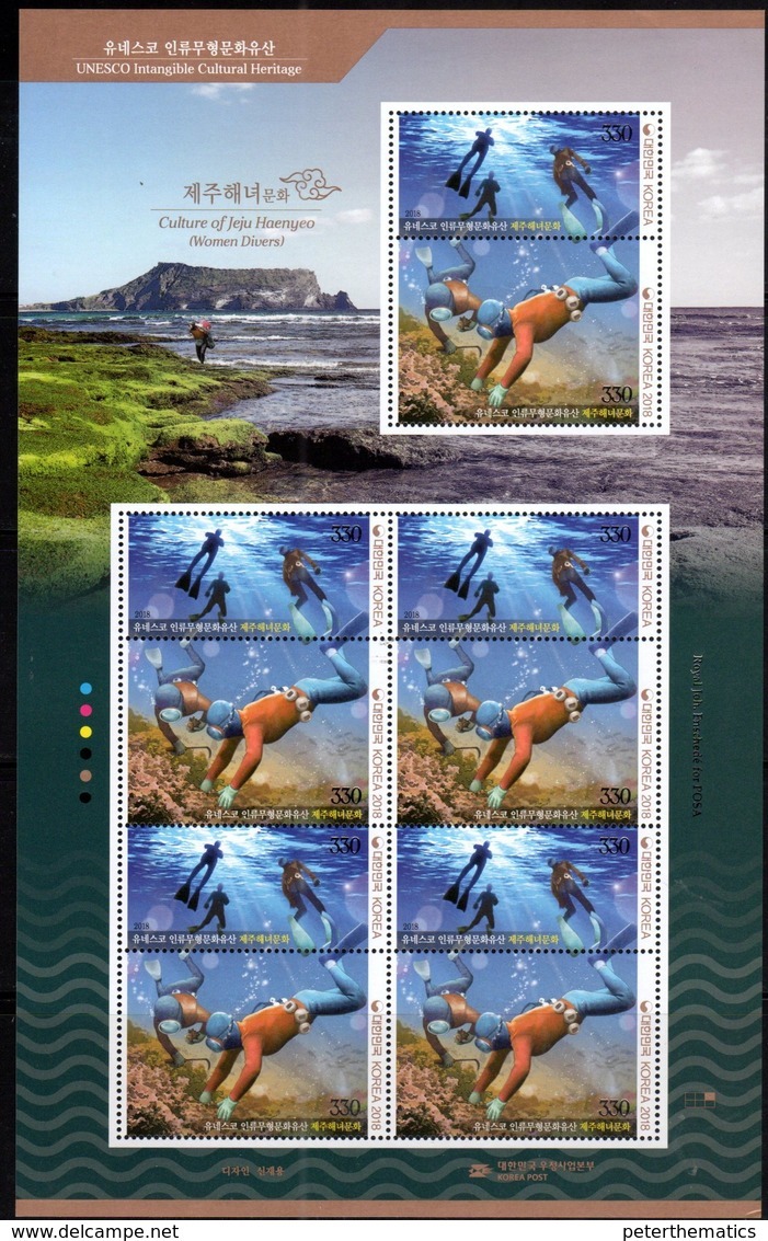 SOUTH KOREA, 2018, MNH, UNESCO INTANGIBLE CULTURAL HERITAGE, JEJY HAENYO, WOMEN DIVERS, FISH, CORALS, SHEETLET OF 5 SETS - Other & Unclassified
