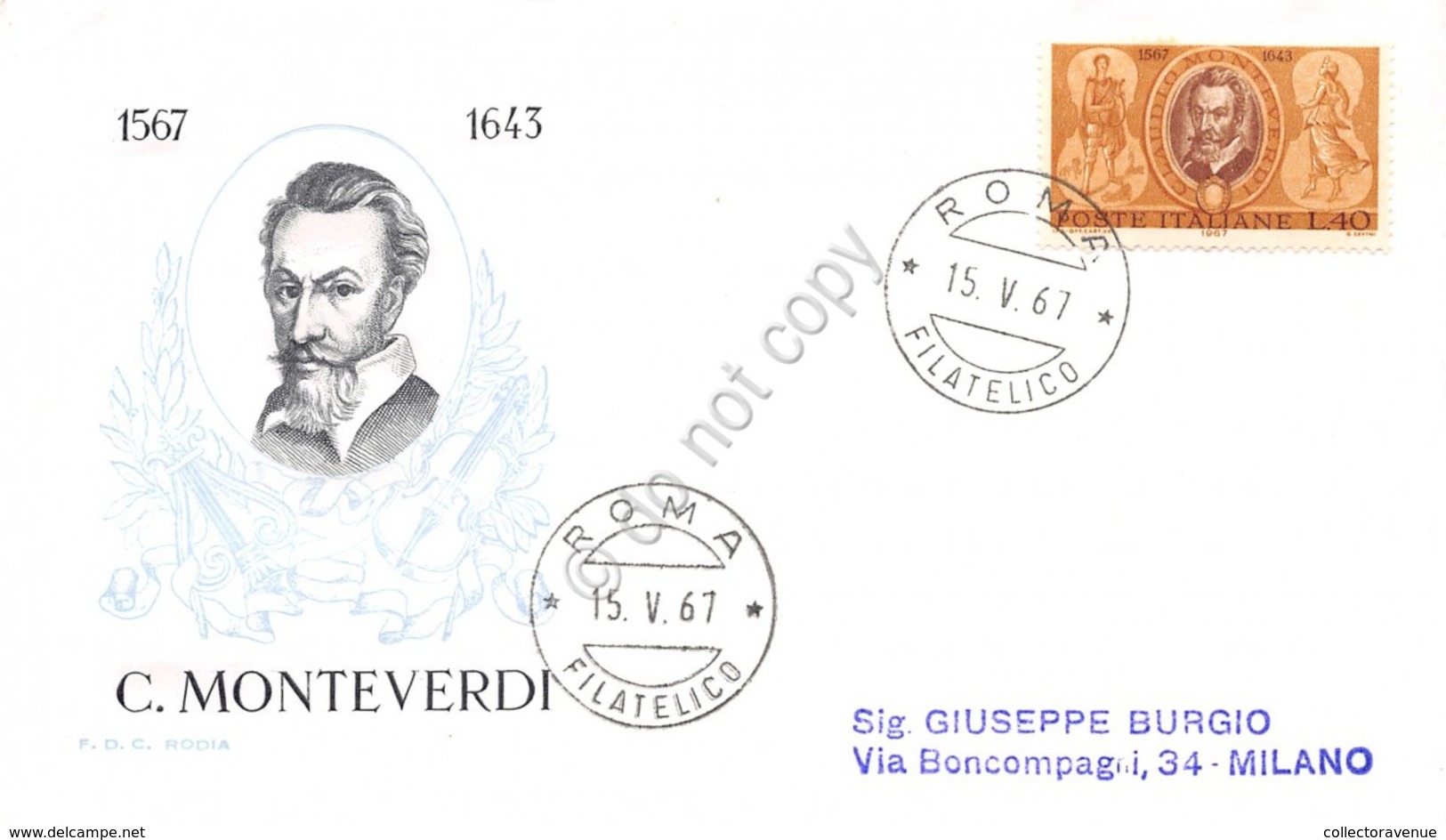 FDC Rodia Repubblica 1967 - Claudio Monteverdi - Non Viaggiata - Non Classificati