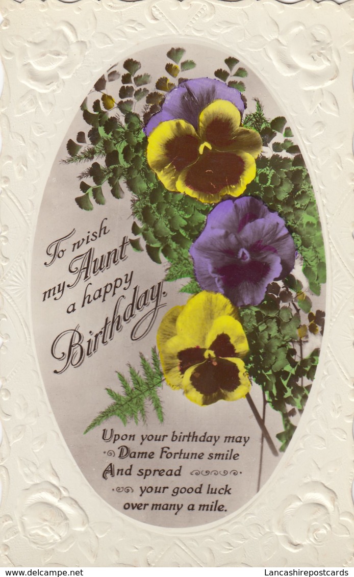 Postcard Happy Birthday Aunt Embossed Tinted Photograph Of Pansies My Ref  B12998 - Birthday