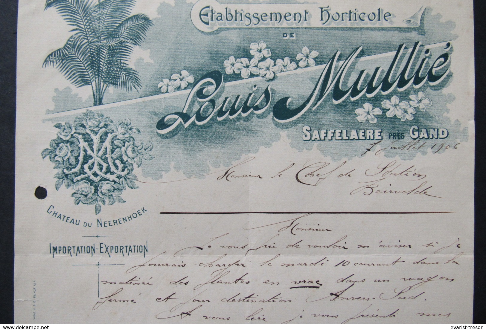 Factuur Invoice Louis Mullie Gent Zaffelare 1906 Horticole Horticulteur Neerenhoek - 1900 – 1949