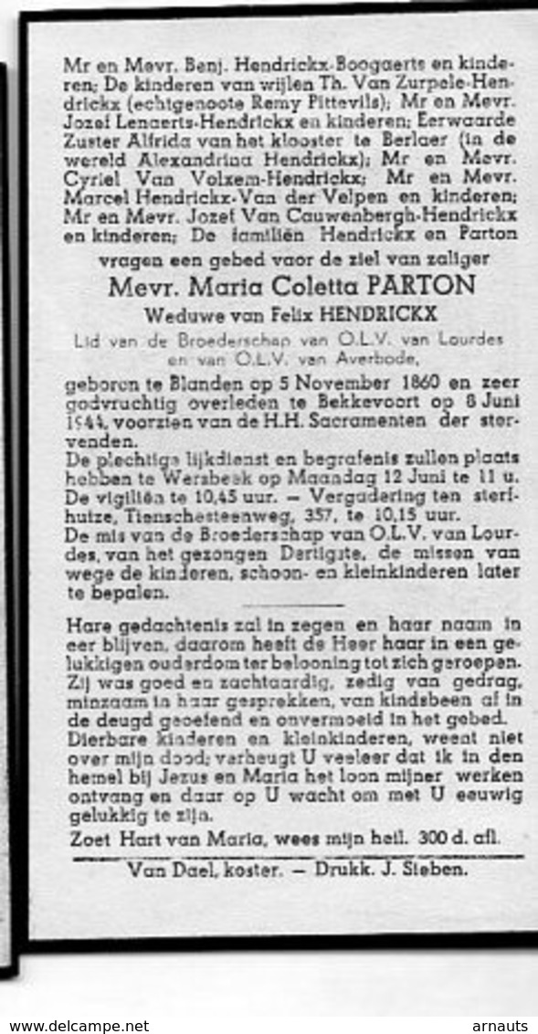 Doodsprentje Parton Maria Wed Hendrickx Felix °1860 Blanden +1944 Bekkevoort Wersbeek Boogaerts Zuster Alfrida Berlaar - Obituary Notices