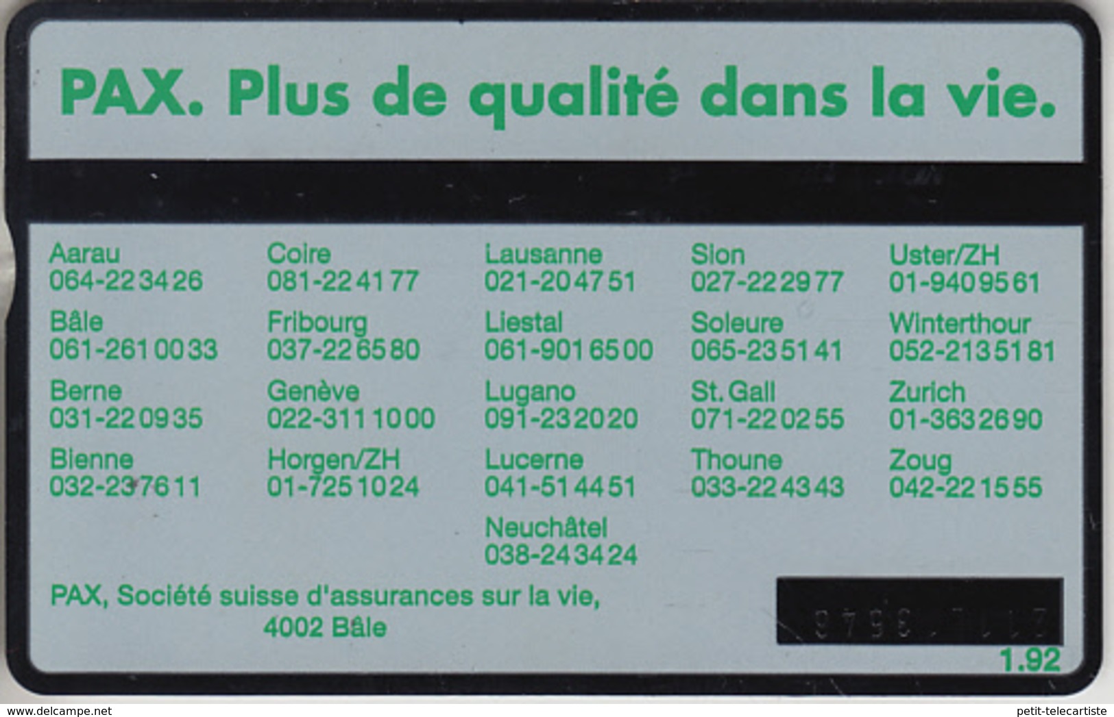 SUISSE - PHONE CARD - TAXCARD-PRIVÉE ***  PAX-ASSURANCES 1 *** - Svizzera