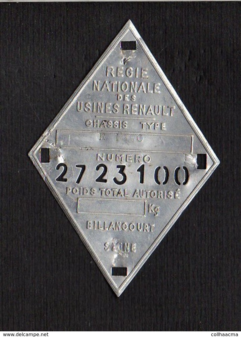 Plaque De Chassis ( Aluminium ) De La Régie Nationale Des Usines Renault Modèle Dauphine R 1090 - Voitures