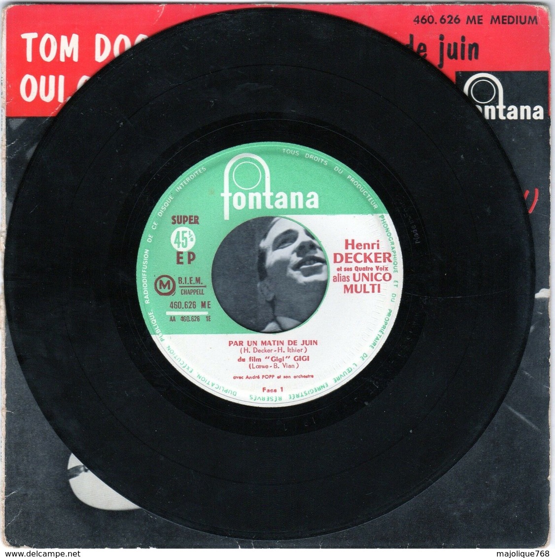 Disque De Henri Decker (unico Multi) - Tom Dooley - Fontana 460.626 ME Médium - 1959 - - Country En Folk