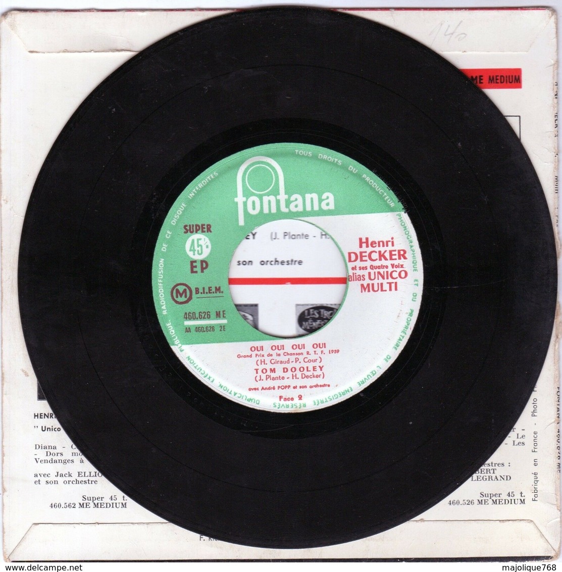 Disque De Henri Decker (unico Multi) - Tom Dooley - Fontana 460.626 ME Médium - 1959 - - Country & Folk