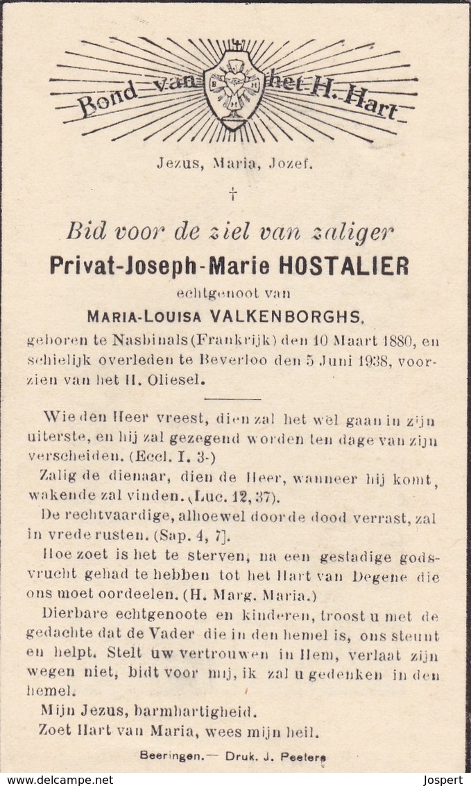 Nasbinals, Beverloo, 1938, Privat Hostalier, Valkenborghs - Images Religieuses