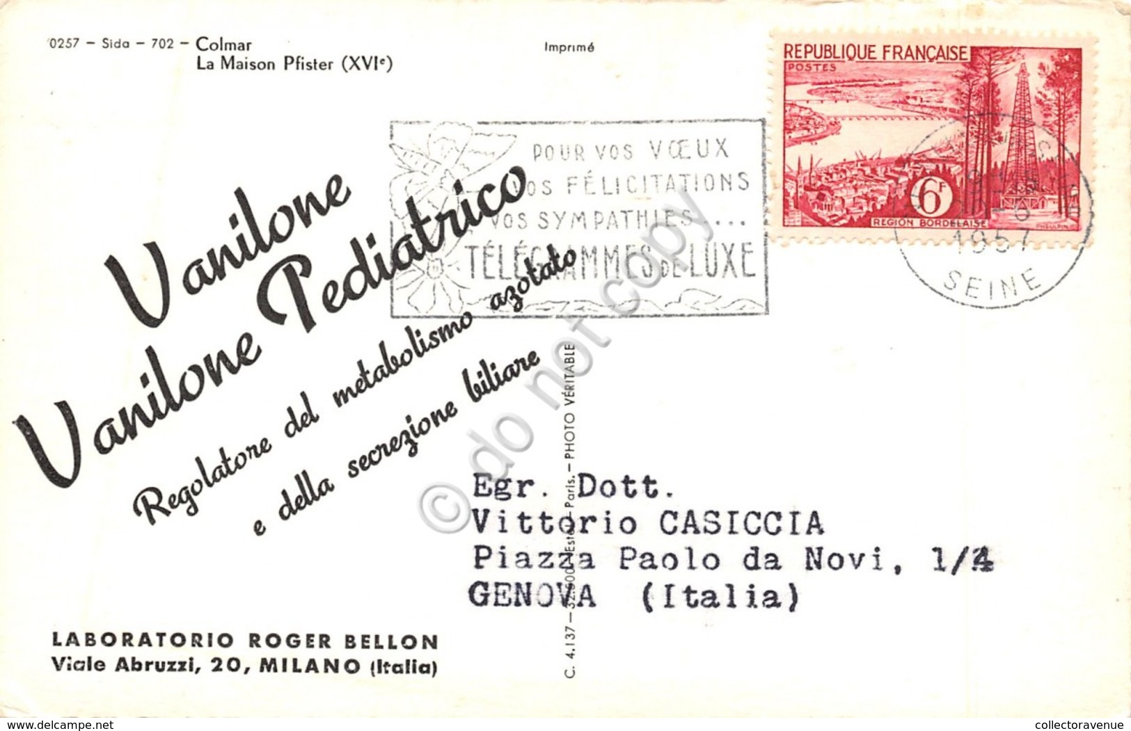 Cartolina Colmar La Maison Pfister Pubblicità Vanilone Al Retro 1957 - Non Classificati