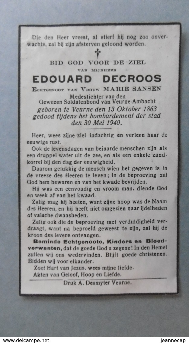 Bidprentje Edouard DECROOS °Veurne 1863 + Oorlog Bombardement WO II Op 30-05-1940 X Marie Sansen - Religion & Esotérisme