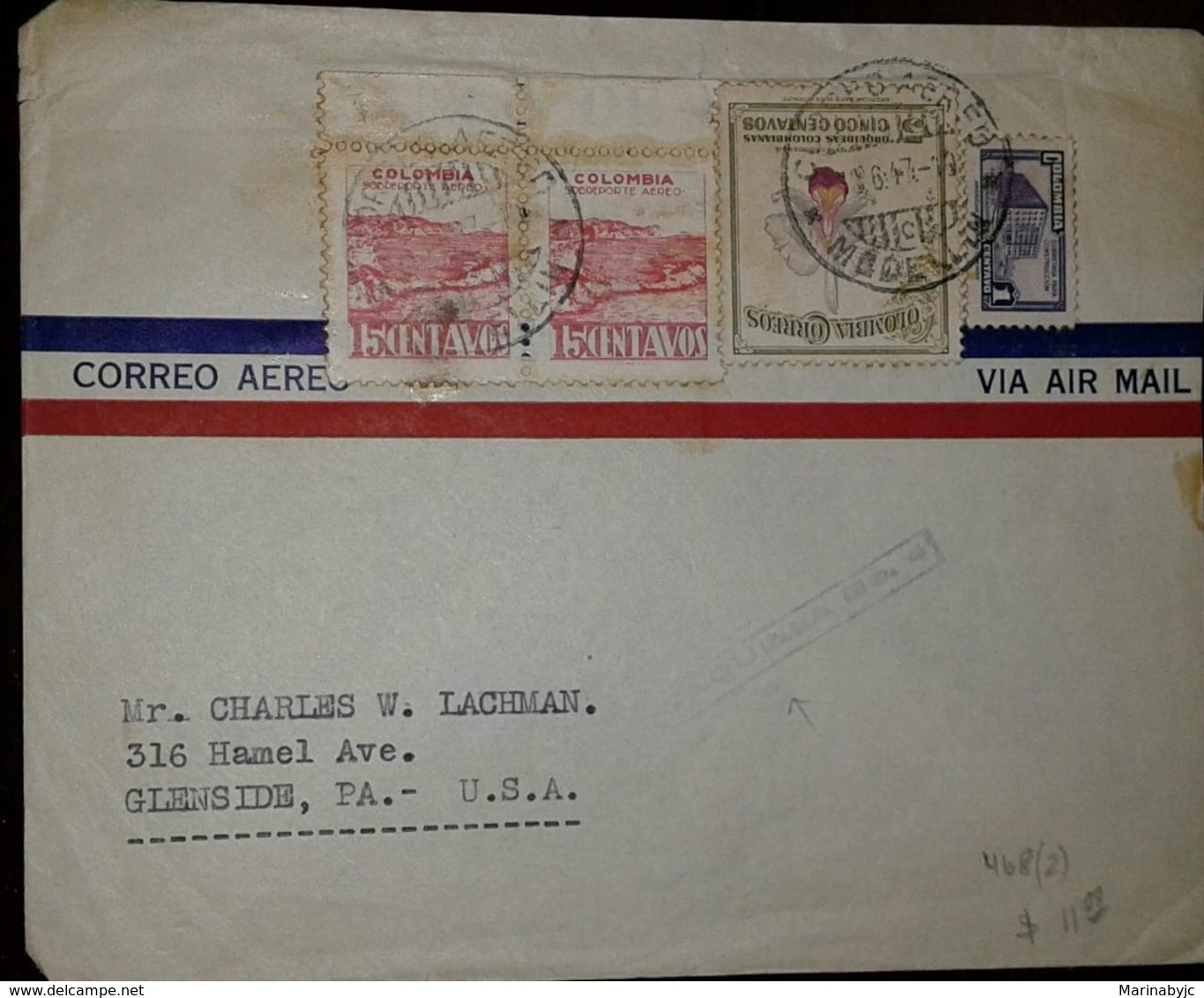 L) 1947 COLOMBIA, 15C, RED, COLOMBIAN ORCHIDS, FLORA, COMMUNICATIONS PALACE, AIRMAIL, CIRCULATED COVER FROM COLOMBIA TO - Colombia